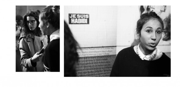 Obras y visitantes a la exposición 'Charlie Hexpo : L’Art contre la Haine'. Foto: Nacym Bouras.