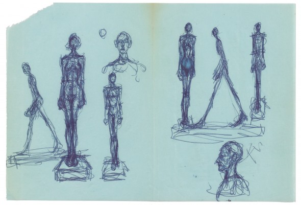 Hombre que anda, figuras de pie sobre peana, bustos de hombre de frente y de perfil c.a. 1959 Bolígrafo azul