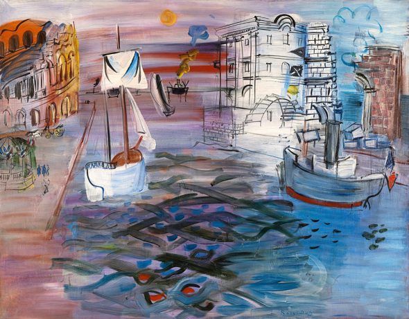 Puerto con velero. Homenaje a Claudio de Lorena, 1935. Óleo sobre lienzo. 89 x 113 cm. Musée d’Art Moderne de la Ville de Paris, París. © Raoul Dufy, VEGAP, Madrid, 2015.