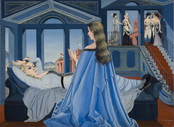 Paul Delvaux. 'La Anunciación', 1955 (L ́Annonciation) Óleo sobre multiplex. 110 x 150 cm Musée des Beaux-Arts de Charleroi