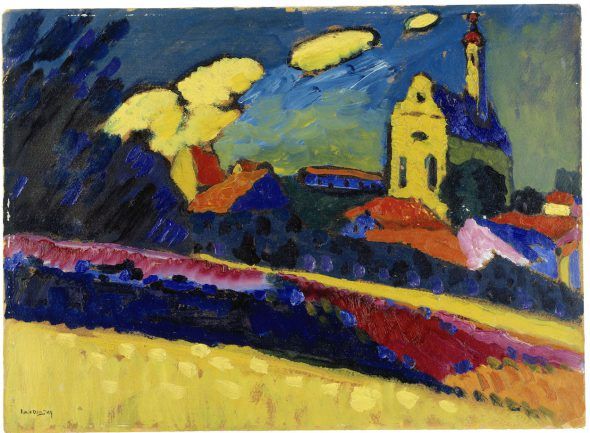Wassily Kandinsky (1866–1944); Studie zu Murnau - Landschaft mit Kirche; 1909. Depósito permanente en el Kunstmuseum Basel. 