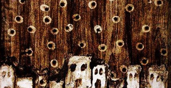 Una de las piezas que pintó (con posos de café) el artista sirio-palestino Anas Salamah durante los bombardeos del régimen de Asad que el mismo presenció en su barrio natal, Yamourk. Finalmente, Salamah abandonó el país y desde entonces sólo pinta en blanco y negro. Foto: Syria Untold.