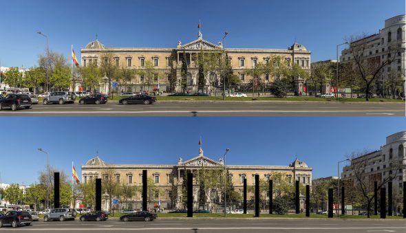El estado en el que ha quedado la fachada de la Biblioteca Nacional. Abajo, como columnas, los árboles que se han talado. Foto: José Manuel Ballester. 