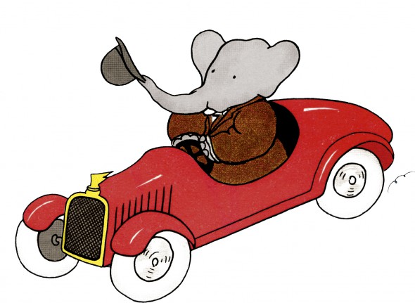 El elefante Babar en su coche rojo. 