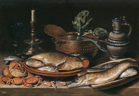 Bodegón con pescado, vela, alcachofas, cangrejos y gambas Clara Peeters Óleo sobre tabla, 50 x 72 cm 1611 Madrid, Museo
