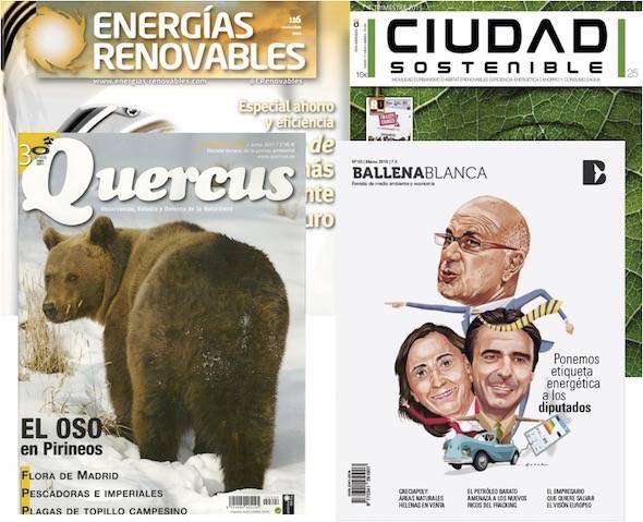 Portadas de las revistas Quercus, Ciudad Sostenible, Ballenablanca y Energías renovables.