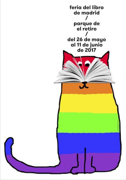 El gato del cartel de la Feria del Libro de Madrid con los colores del arcoíris en homenaje al World Pride que se celebra este año en la capital.