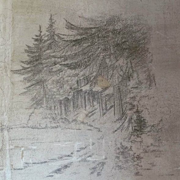 Bosque de abetos dibujado por un soldado alemán durante la II Guerra Mundial en el muro de su barracón. 