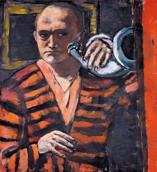 Max Beckmann. Autorretrato con corneta, 1938. (Selbstbildnis mit Trompete). Neue Galerie, Nueva York, y colección privada.