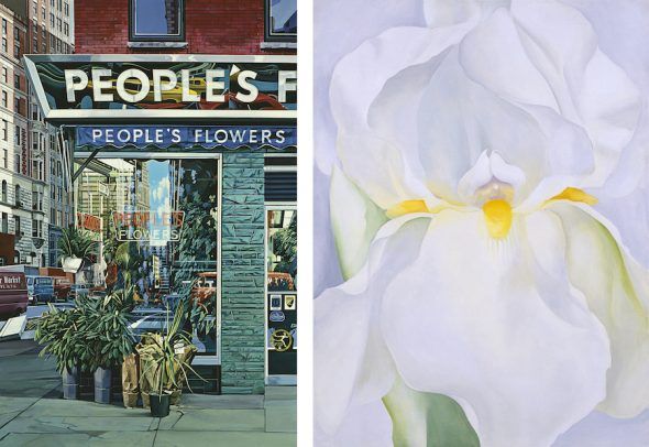 A la izquierda, 'People's Flowers' de Richard Estes. Ala derecha, 'Lirio blanco, número 7' de Georgia O’Keeffe. Ambos cuadros del Museo Nacional Thyssen Bornemisza. 