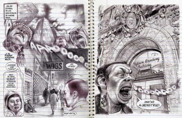 Doble página de 'Lo que más me gusta son los monstruos' de Emil Ferris. 