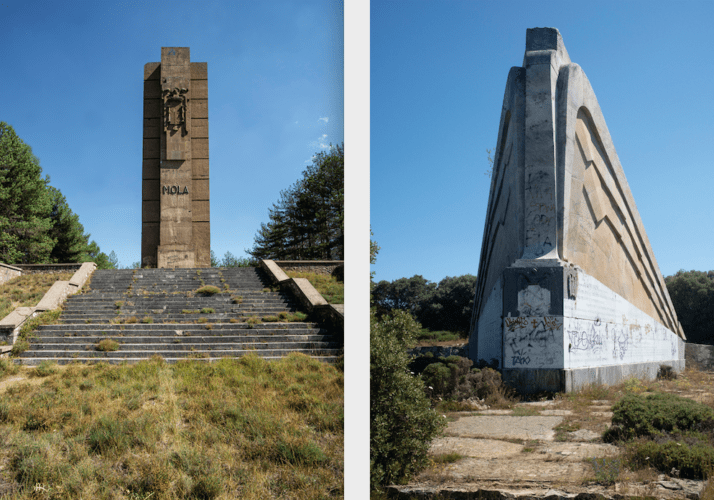 A la izquierda Monumento a Emilio Mola en Alcocero, Burgos. 1939. A la derecha, Monumento a la Columna Sagardía, Cilleruelo de Bricia, Burgos. 1940. Fotos: Improbables.