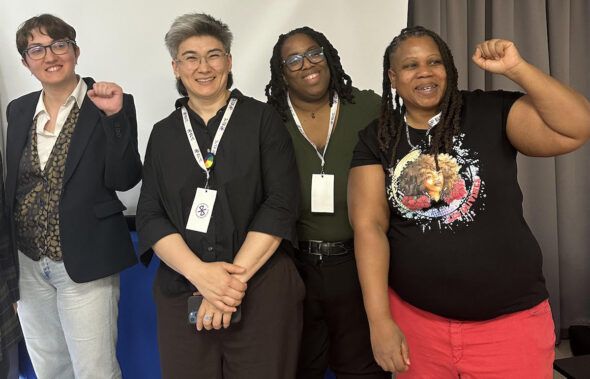 De izquierda a derecha, la activista georgiana Tamar Jakeli, la kazaja Zhanar SSekerbayeva, y las francesas Audrey Angele y Pierrette Pyram Ambrosio. Todas participantes en la gran Cumbre Lesbiana de Roma.