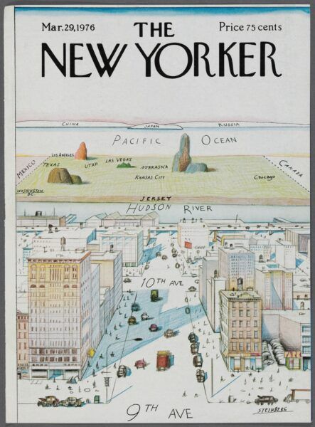 El artista rumano-estadounidense Saul Steinberg creó 86 portadas a lo largo de su vida para The New Yorker. Su icónica "Vista del mundo desde la Novena Avenida" ilustra un hecho bien conocido por sus residentes: que Nueva York es el centro del mundo.