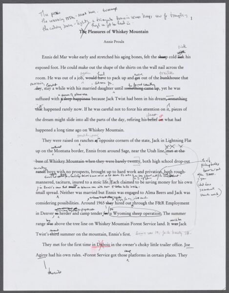 El 13 de octubre de 1997, The New Yorker publicó "Brokeback Mountain", la historia de un romance de décadas entre los vaqueros Jack Twist y Ennis del Mar y el mundo implacable, incluso violento, en el que se desenvuelven. Este es parte del manuscrito de su autora Annie Proulx.