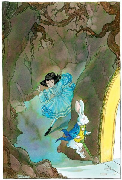 Ilustración de Chris Riddell de Alciia y el conejo blanco..