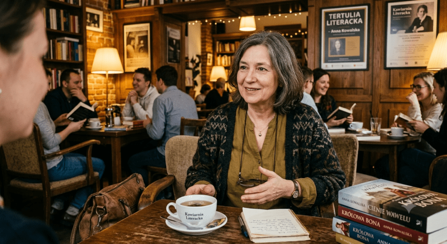 Imagen generada por Gemini bajo la siguiente petición: "Crea la fotografía de una escritora polaca de mediana edad especialista en novela histórica. La quiero en medio plano sentada en un entorno de café tertulia literario".